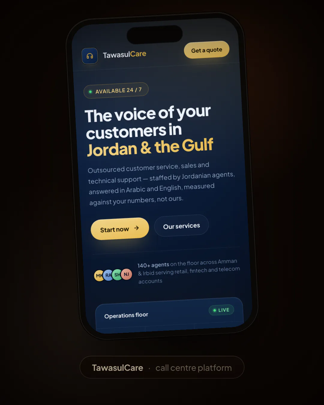 TawasulCare call centre platform on mobile, built by Kastana Dev
